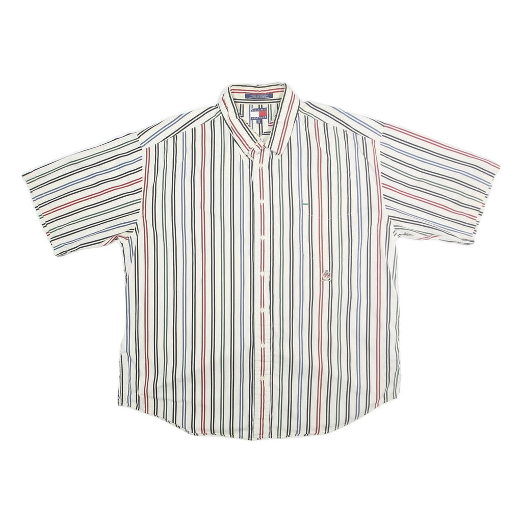 TOMMY HILFIGER Mens White & Red Striped Shirt 2XL Cotton Button Front Casual