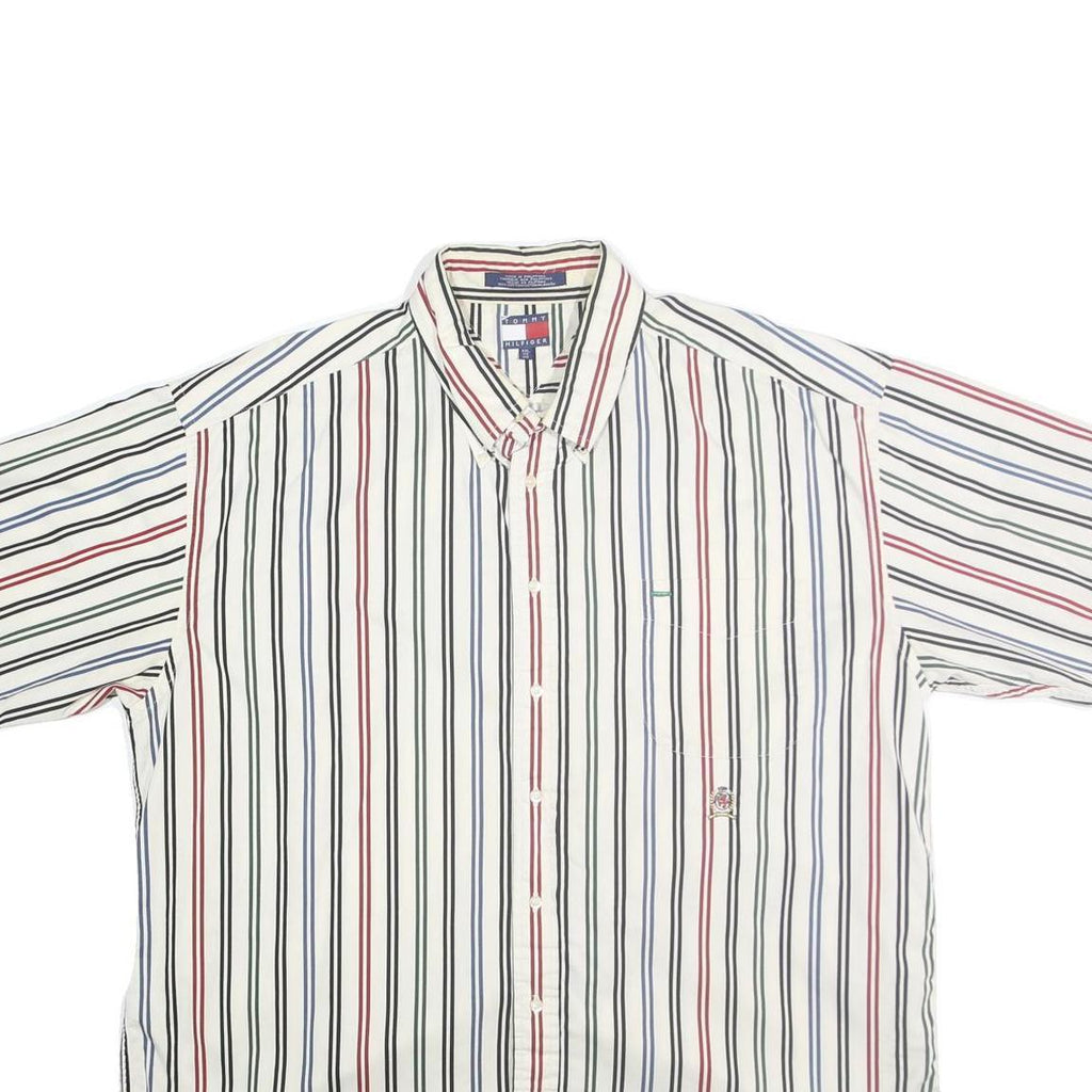 TOMMY HILFIGER Mens White & Red Striped Shirt 2XL Cotton Button Front Casual