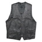 Womens Black Leather Button Jacket L Woven Classic Vest Style
