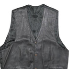 Womens Black Leather Button Jacket L Woven Classic Vest Style