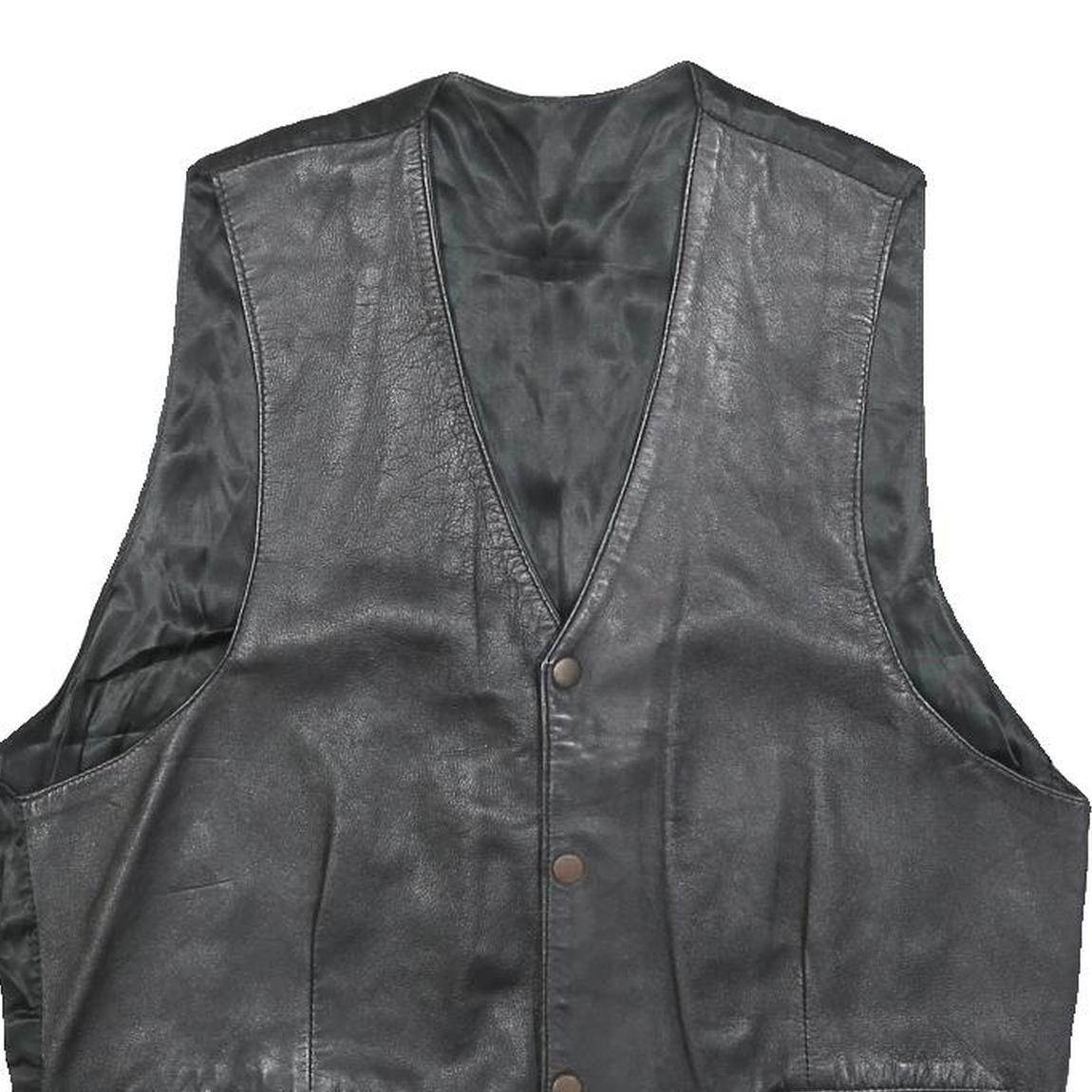 Womens Black Leather Button Jacket L Woven Classic Vest Style