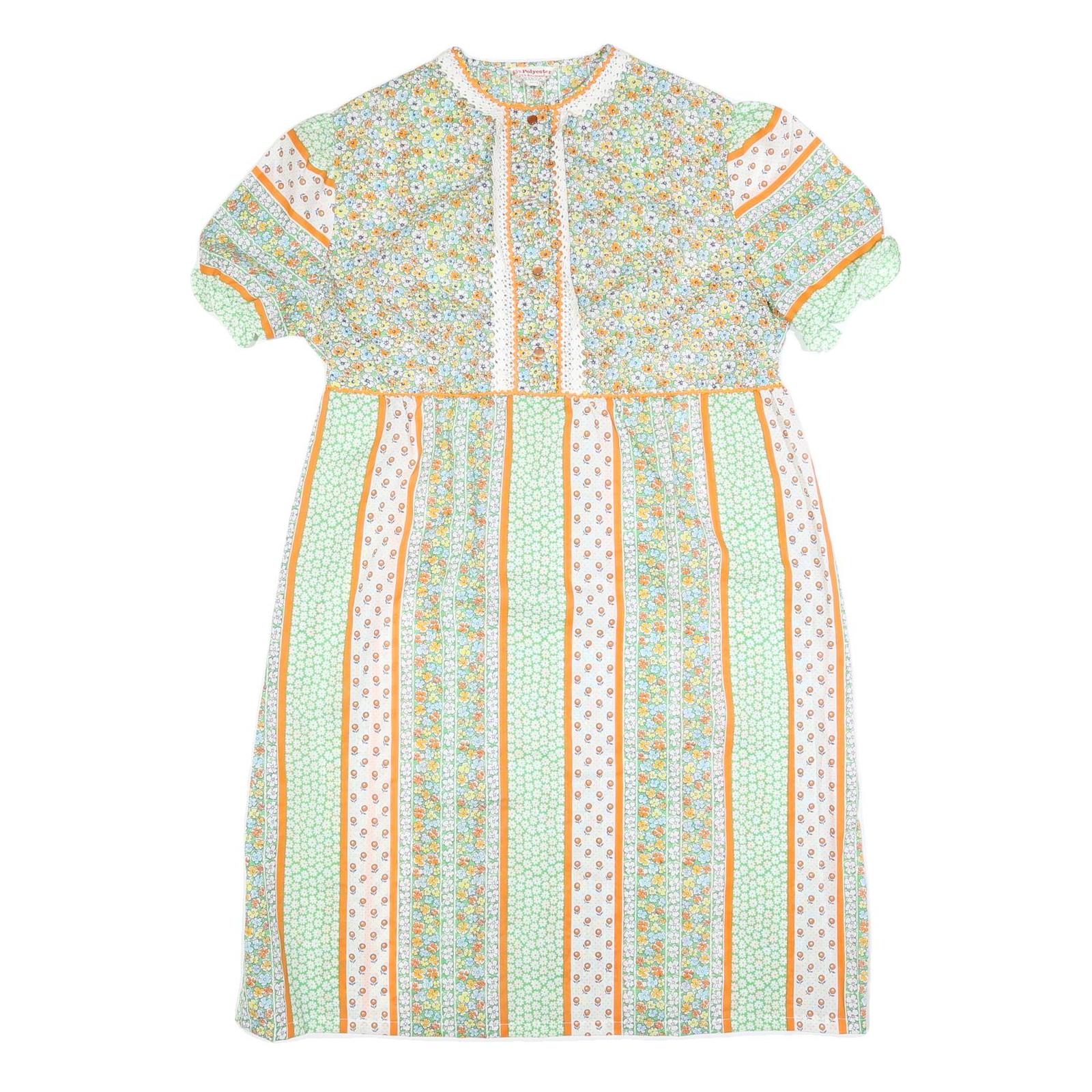 Womens Green & Orange Floral Striped Day Polyester Short Sleeve Midi 2XL Dress