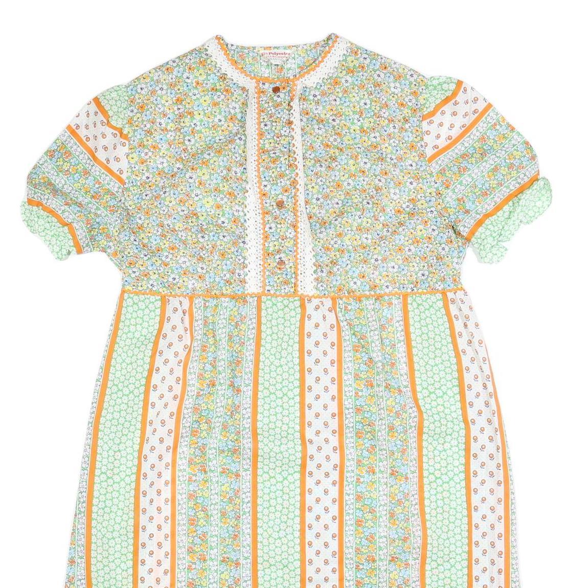 Womens Green & Orange Floral Striped Day Polyester Short Sleeve Midi 2XL Dress