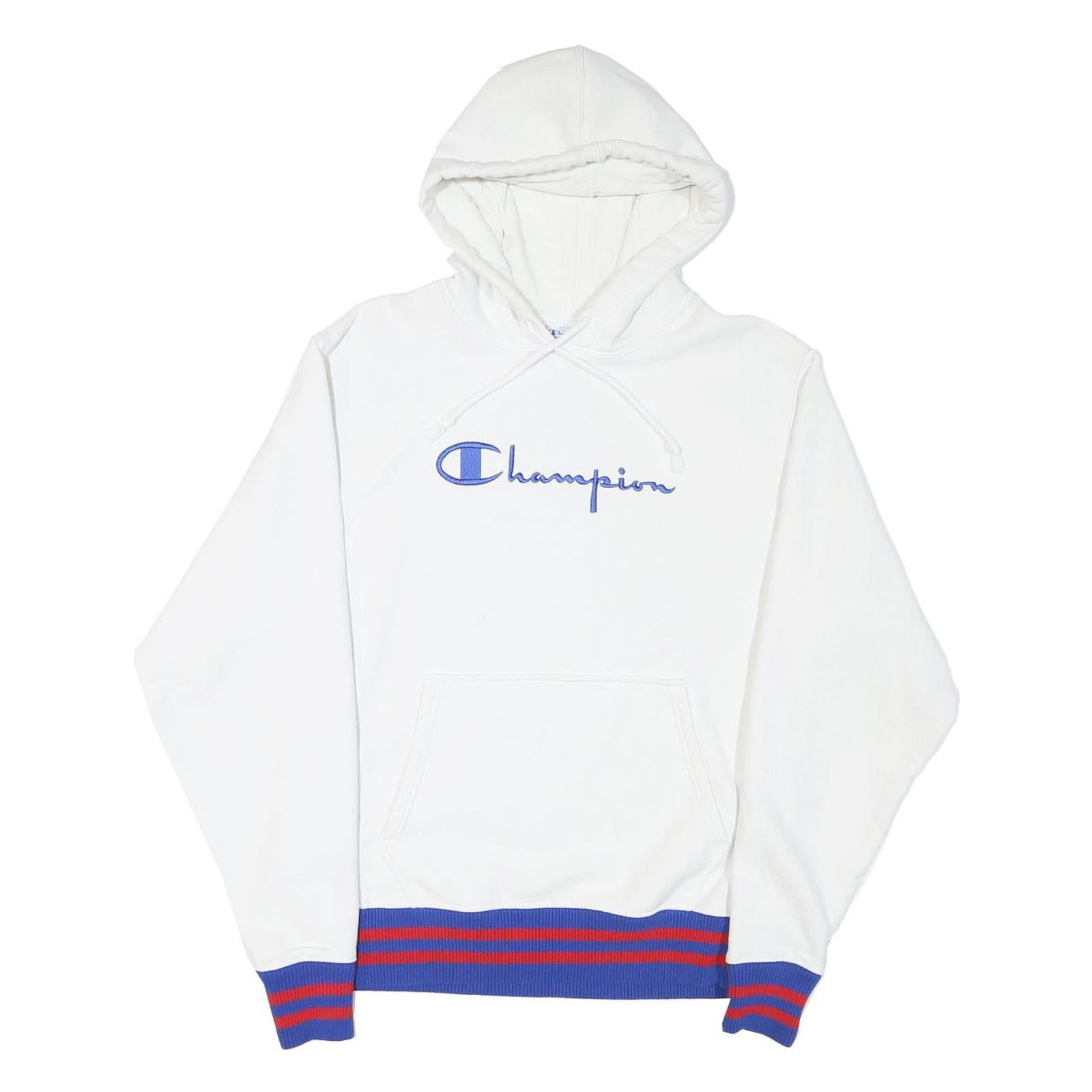 CHAMPION Mens White Blue & Red Hoodie M Cotton Blend Pullover Hooded Sweatshirt