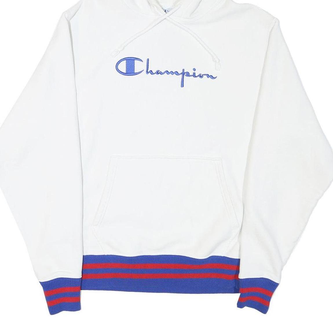 CHAMPION Mens White Blue & Red Hoodie M Cotton Blend Pullover Hooded Sweatshirt