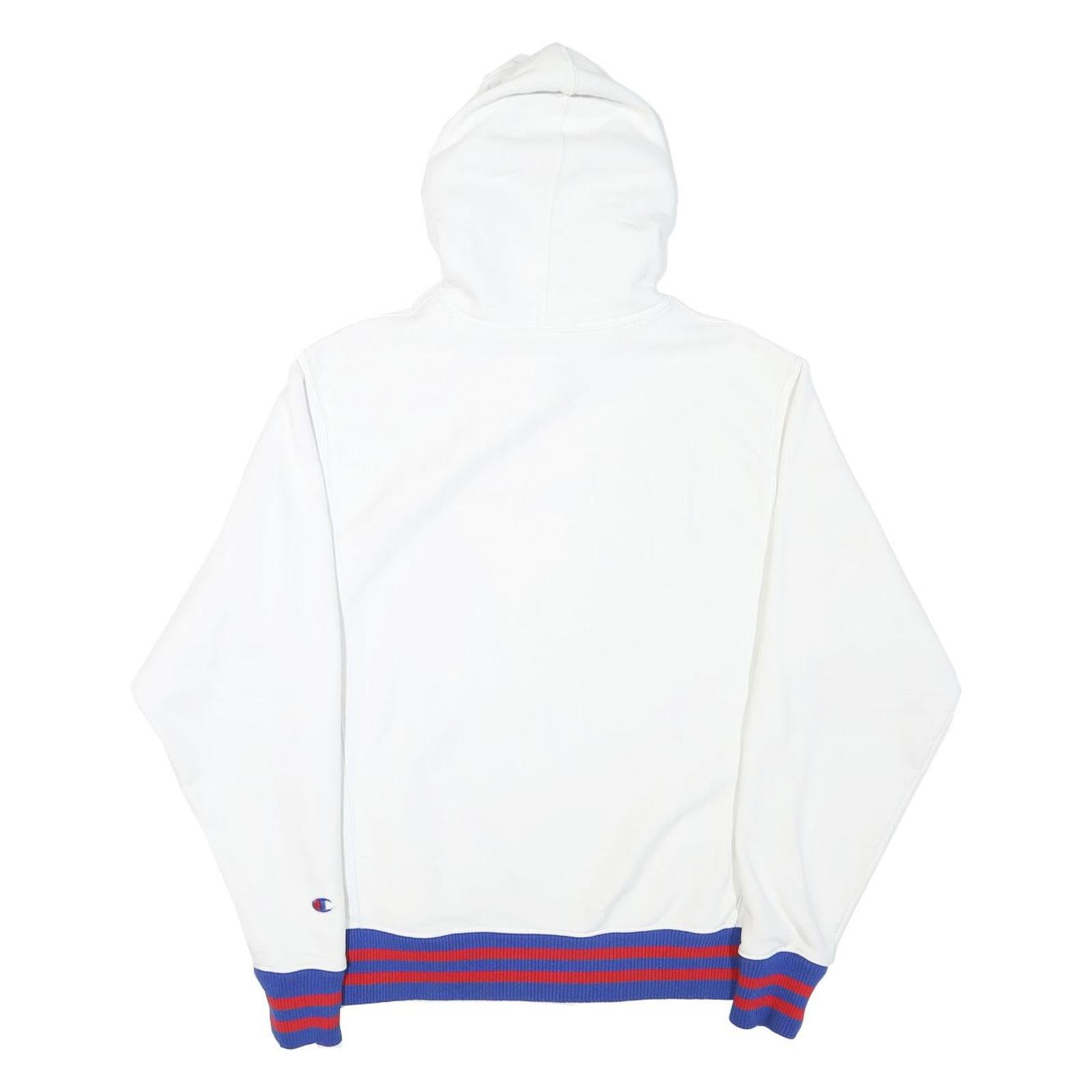 CHAMPION Mens White Blue & Red Hoodie M Cotton Blend Pullover Hooded Sweatshirt
