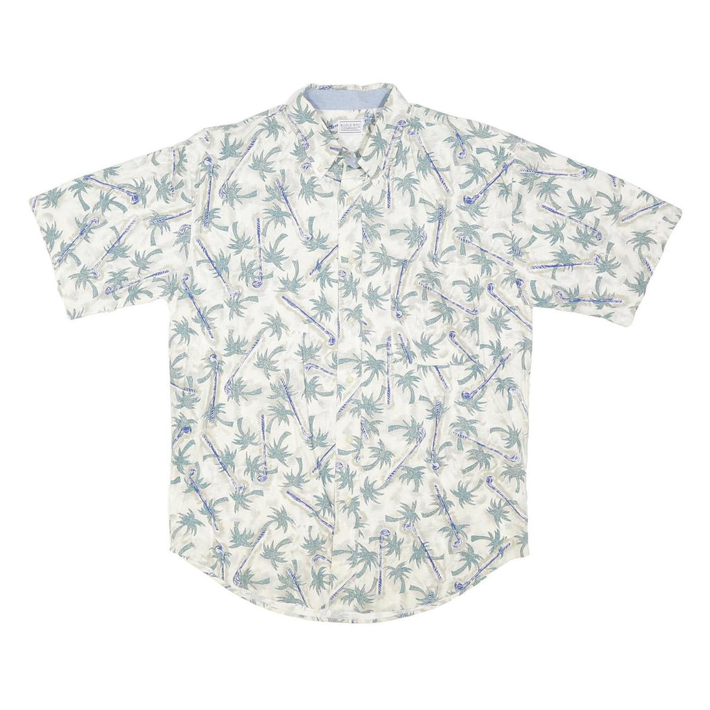 BUGLE BOY Mens Cream & Green Palm Print Short Sleeve Shirt M Lightweight Summer