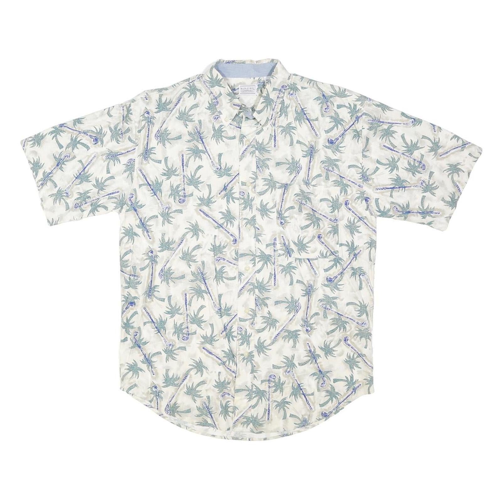 BUGLE BOY Mens Cream & Green Palm Print Short Sleeve Shirt M Lightweight Summer