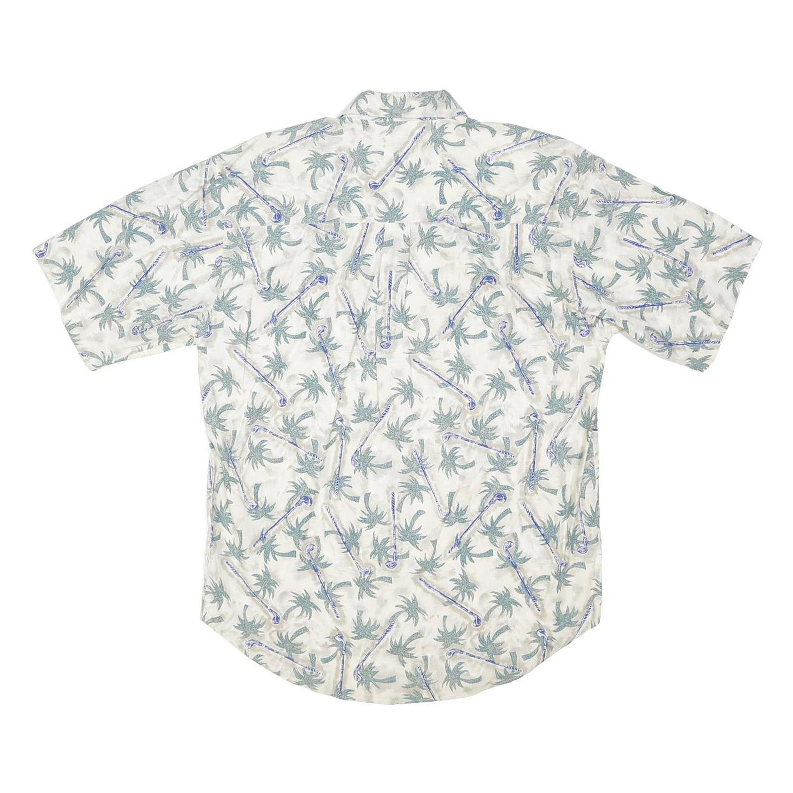 BUGLE BOY Mens Cream & Green Palm Print Short Sleeve Shirt M Lightweight Summer