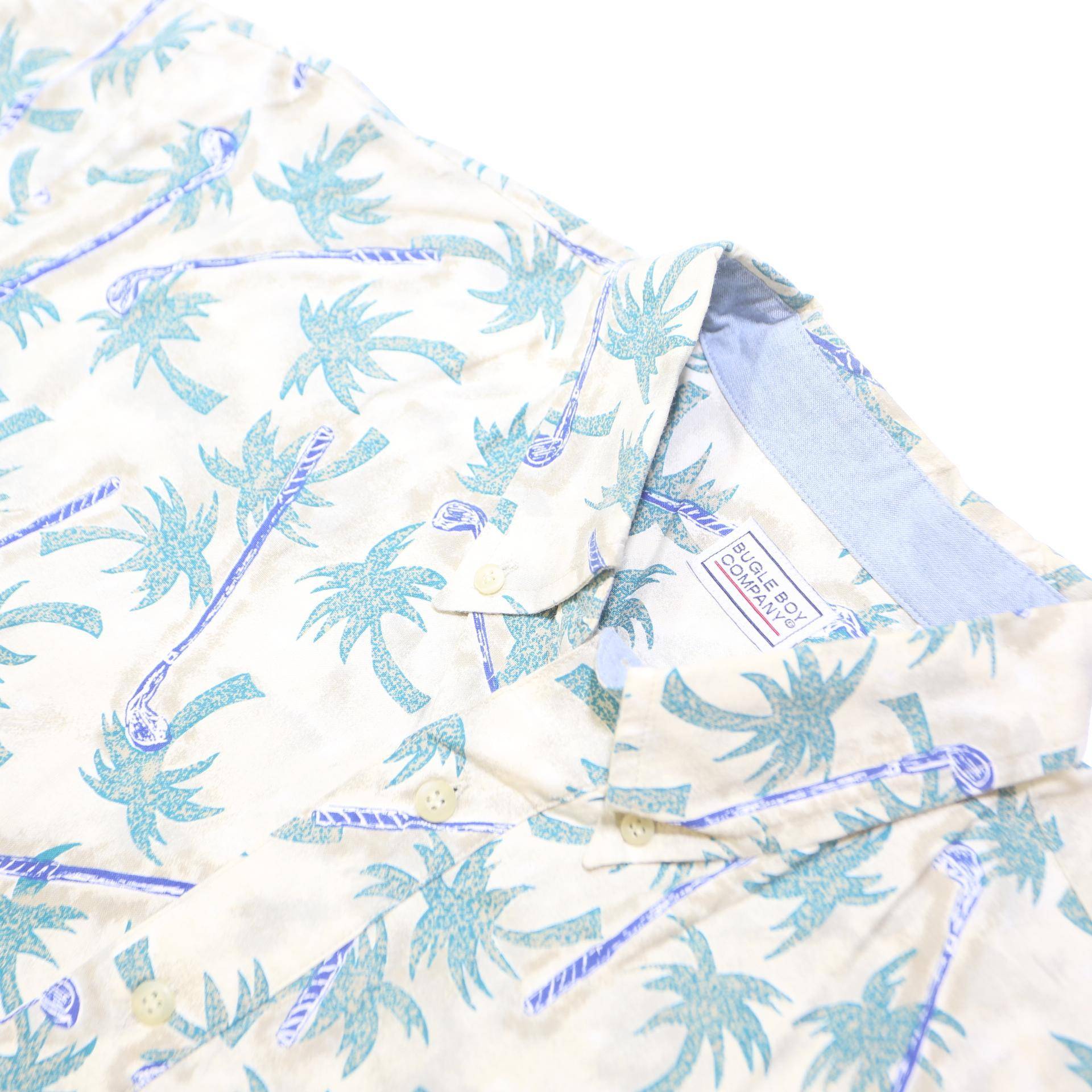 BUGLE BOY Mens Cream & Green Palm Print Short Sleeve Shirt M Lightweight Summer