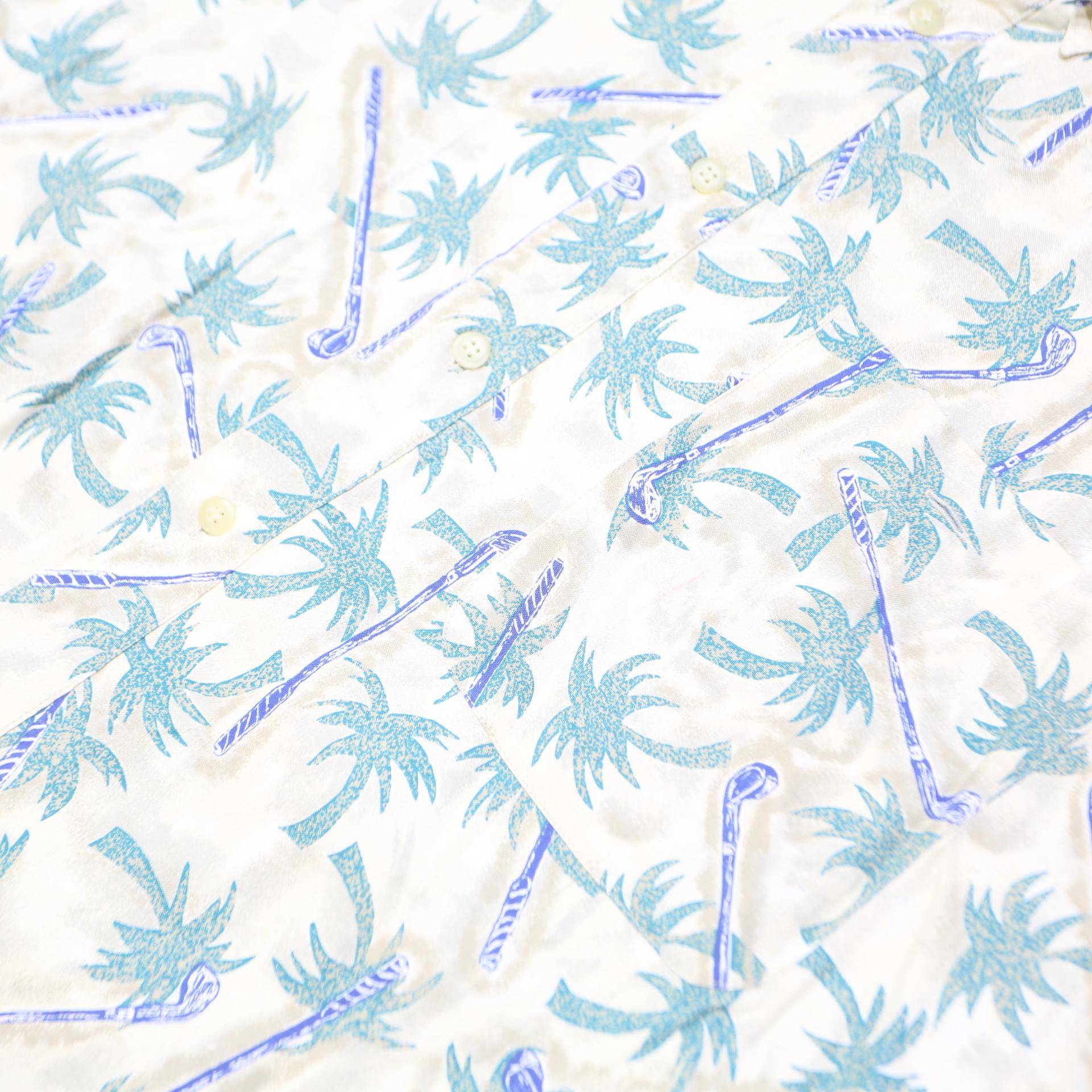 BUGLE BOY Mens Cream & Green Palm Print Short Sleeve Shirt M Lightweight Summer