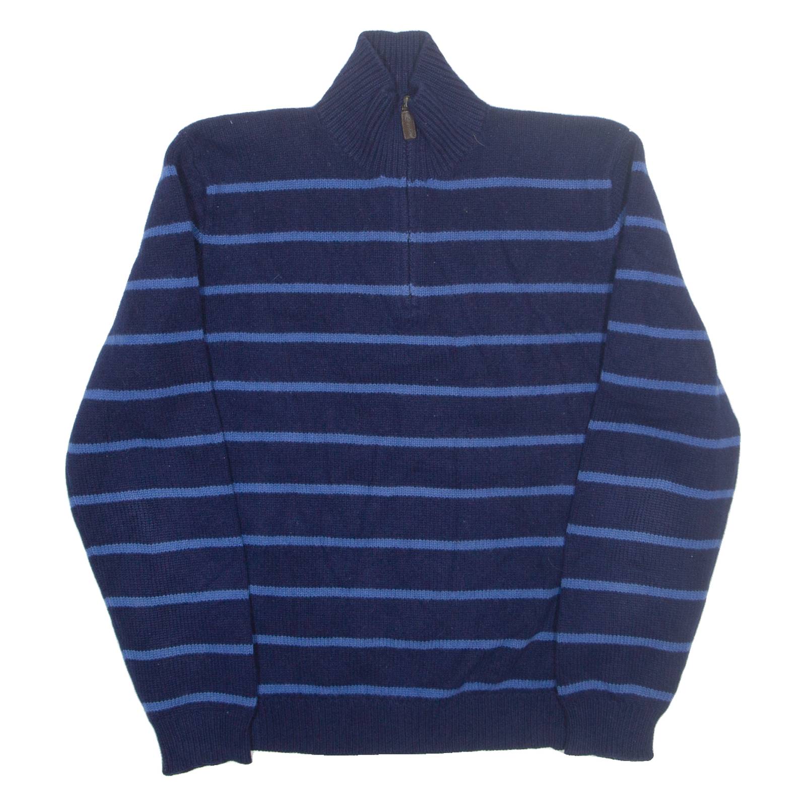 POLO RALPH LAUREN Mens Patterned Jumper Blue Striped 1/4 Zip Tight Knit Wool L