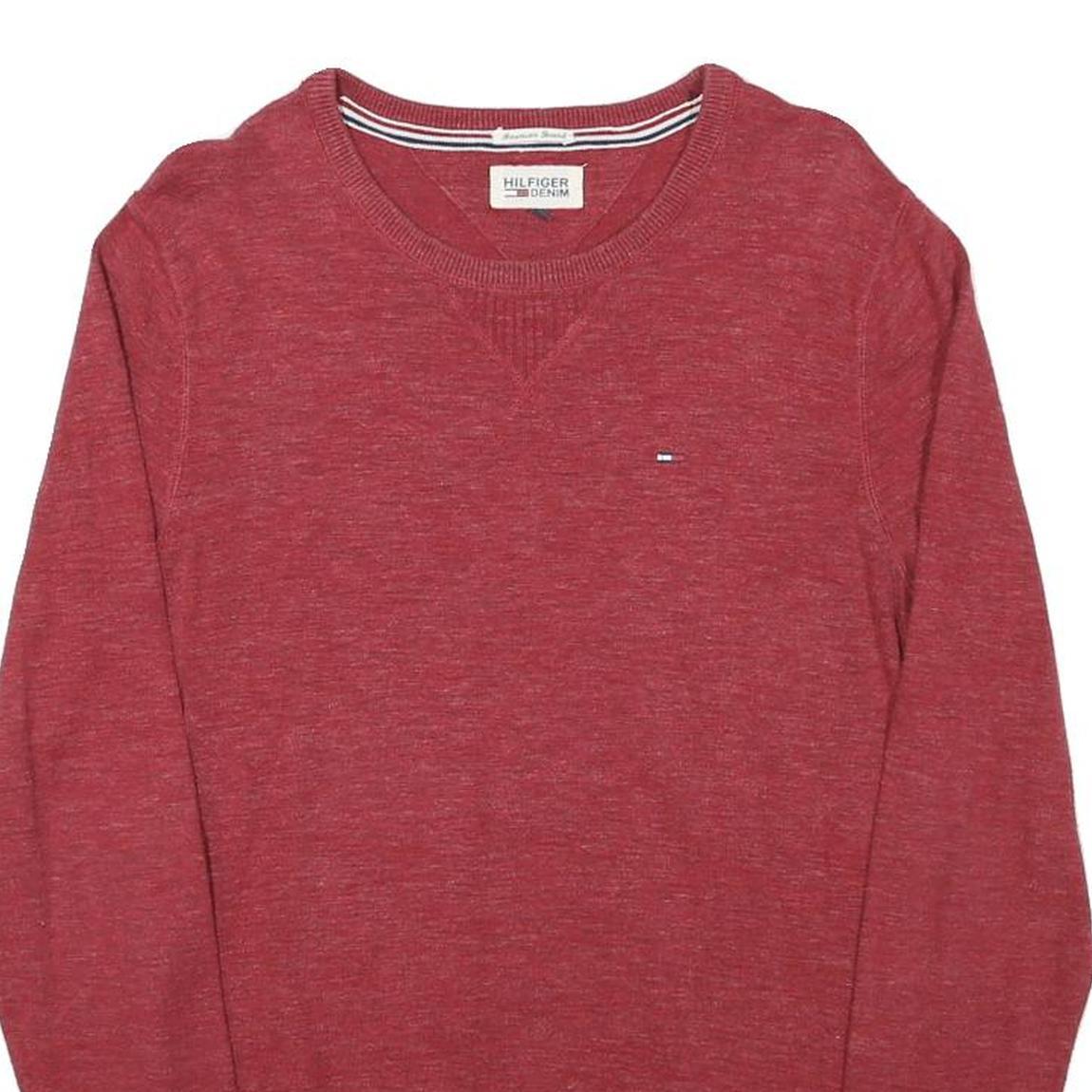 TOMMY HILFIGER Mens Red Cotton Blend Plain Crew Neck Basic Knit Jumper M Stylish