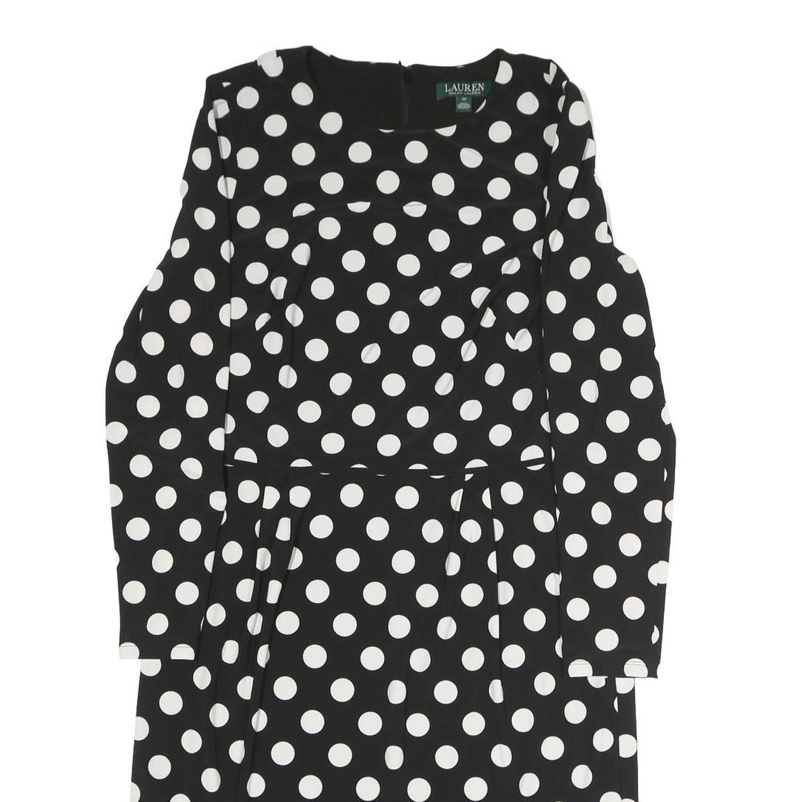 LAUREN RALPH LAUREN Womens Black & White Polka Dot Day Dress Polyester Long