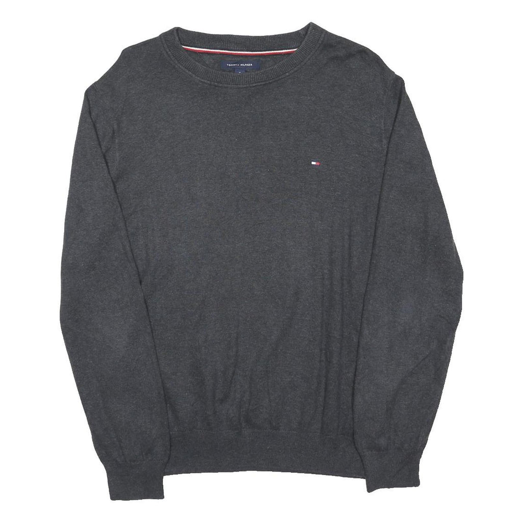 TOMMY HILFIGER Mens Grey Plain Cotton Blend Jumper Crew Neck Basic Knit M Casual