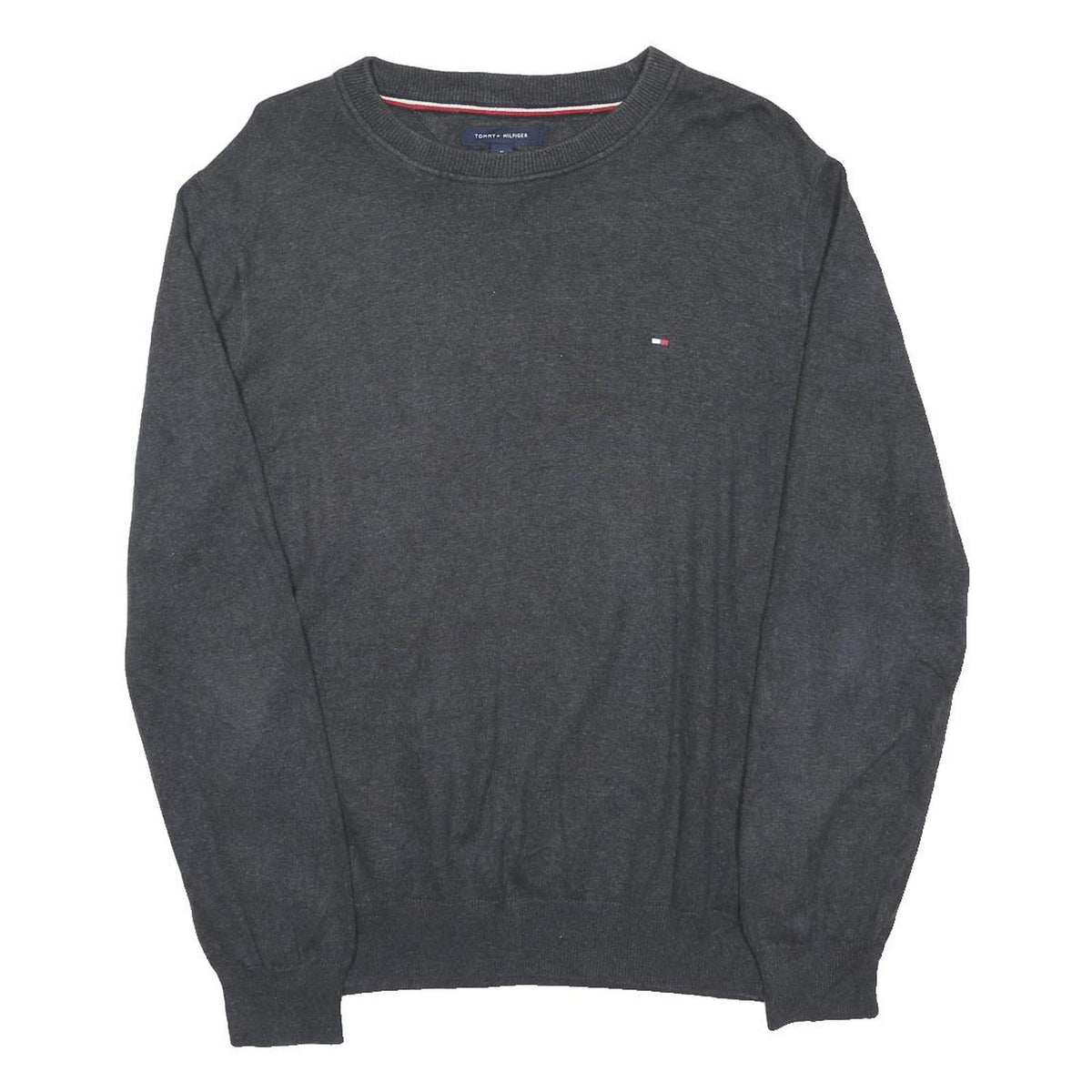TOMMY HILFIGER Mens Grey Plain Cotton Blend Jumper Crew Neck Basic Knit M Casual