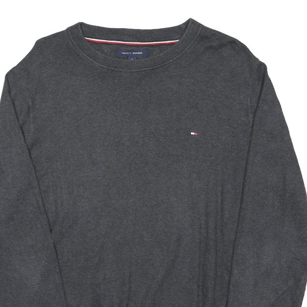 TOMMY HILFIGER Mens Grey Plain Cotton Blend Jumper Crew Neck Basic Knit M Casual