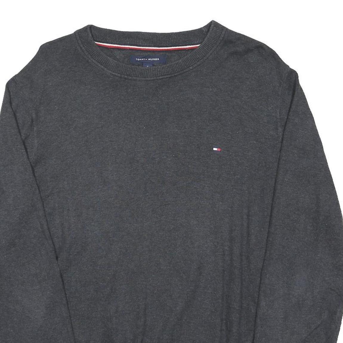 TOMMY HILFIGER Mens Grey Plain Cotton Blend Jumper Crew Neck Basic Knit M Casual