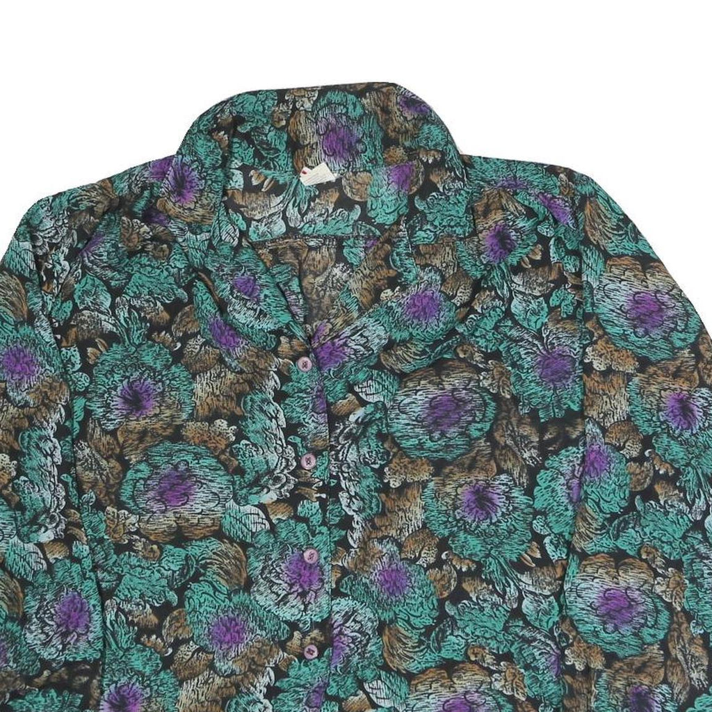 Womens Black Green Purple Floral Blouse Long Sleeve Button Neck L Vintage Style