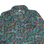 Womens Black Green Purple Floral Blouse Long Sleeve Button Neck L Vintage Style