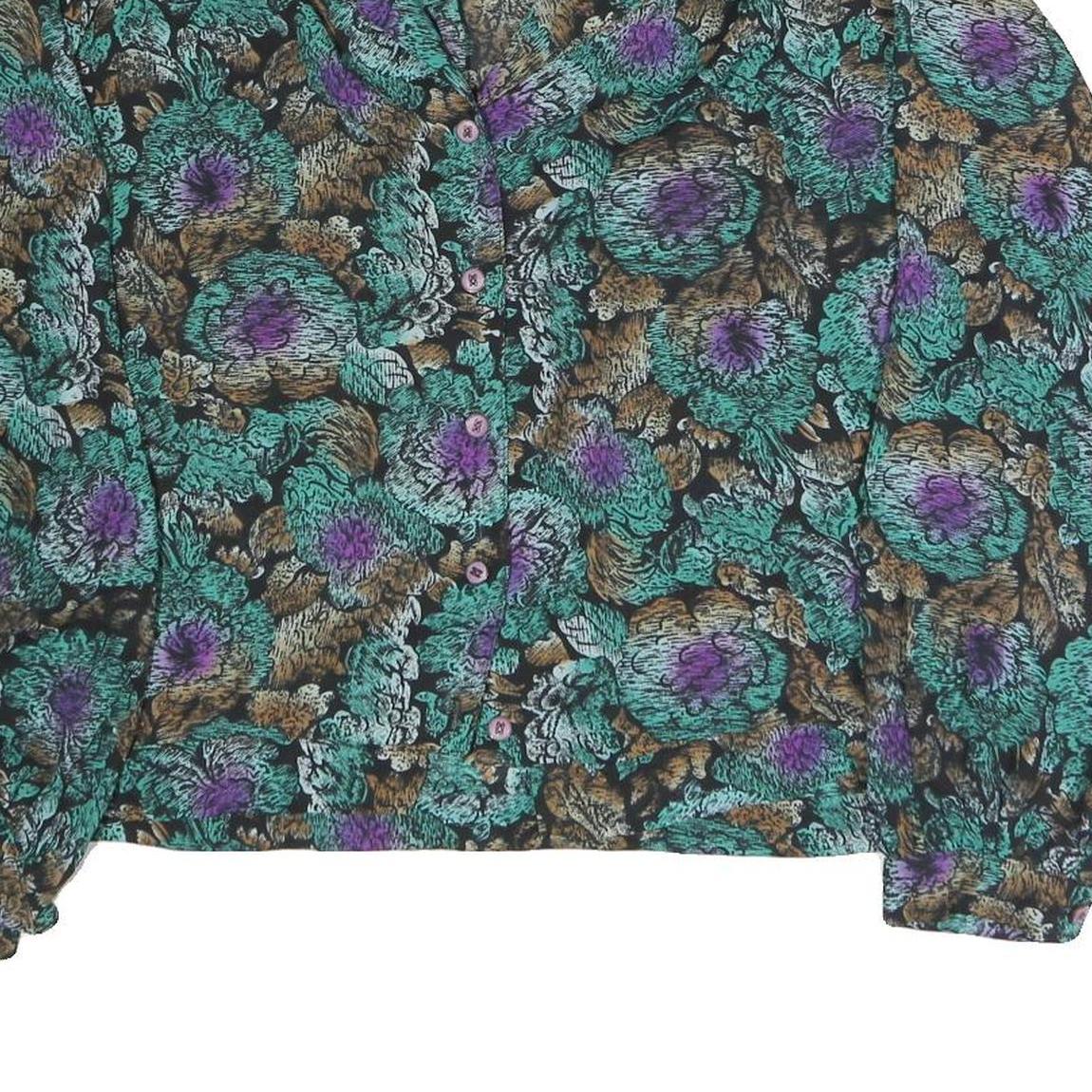 Womens Black Green Purple Floral Blouse Long Sleeve Button Neck L Vintage Style