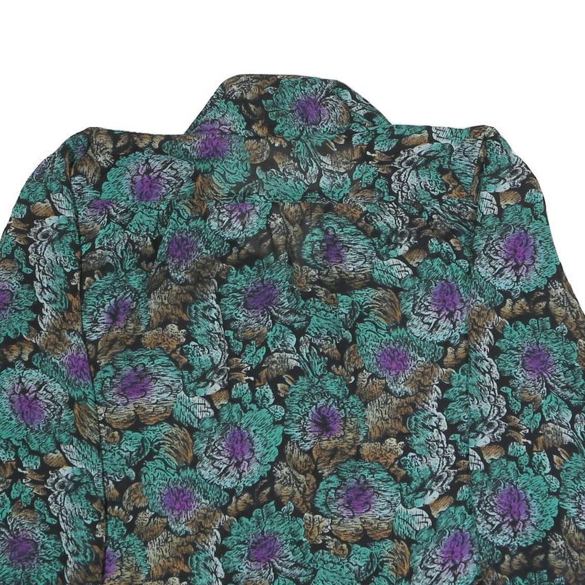 Womens Black Green Purple Floral Blouse Long Sleeve Button Neck L Vintage Style