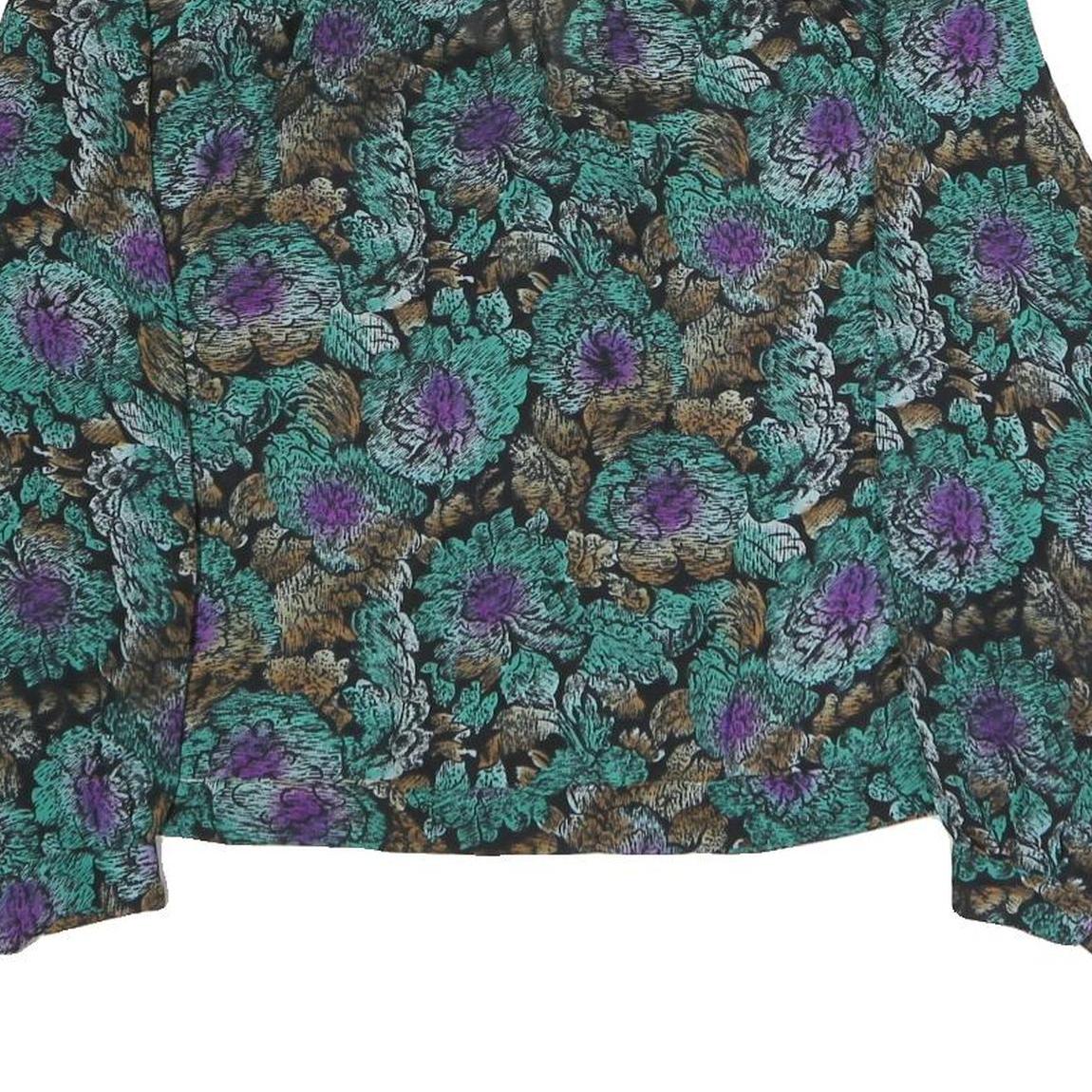 Womens Black Green Purple Floral Blouse Long Sleeve Button Neck L Vintage Style