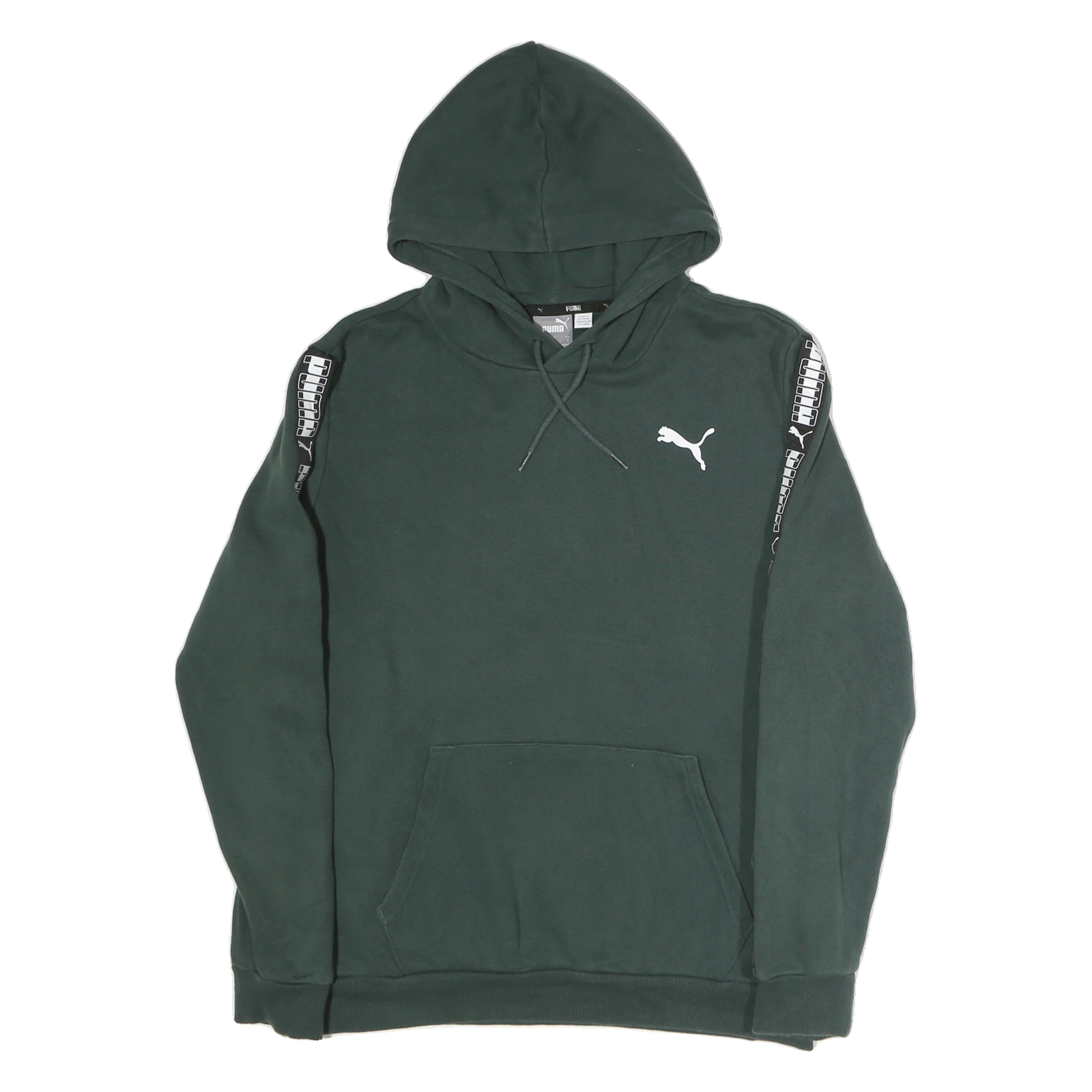 PUMA Mens Green Hoodie M Cotton Pullover Logo Tape Sleeve Casual Sweatshirt
