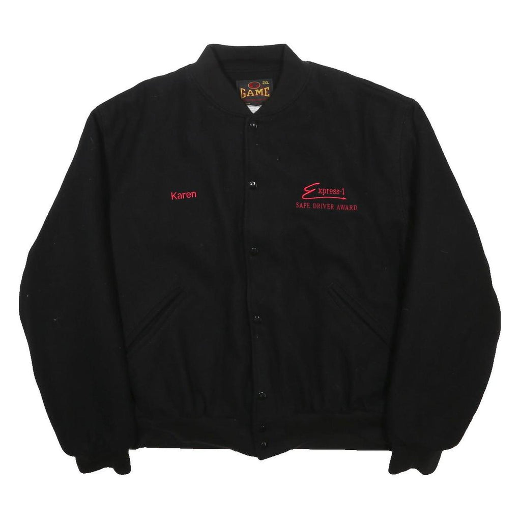 GAME Womens Black Wool Blend Button Jacket 2XL Embroidered Logo Safe Driver