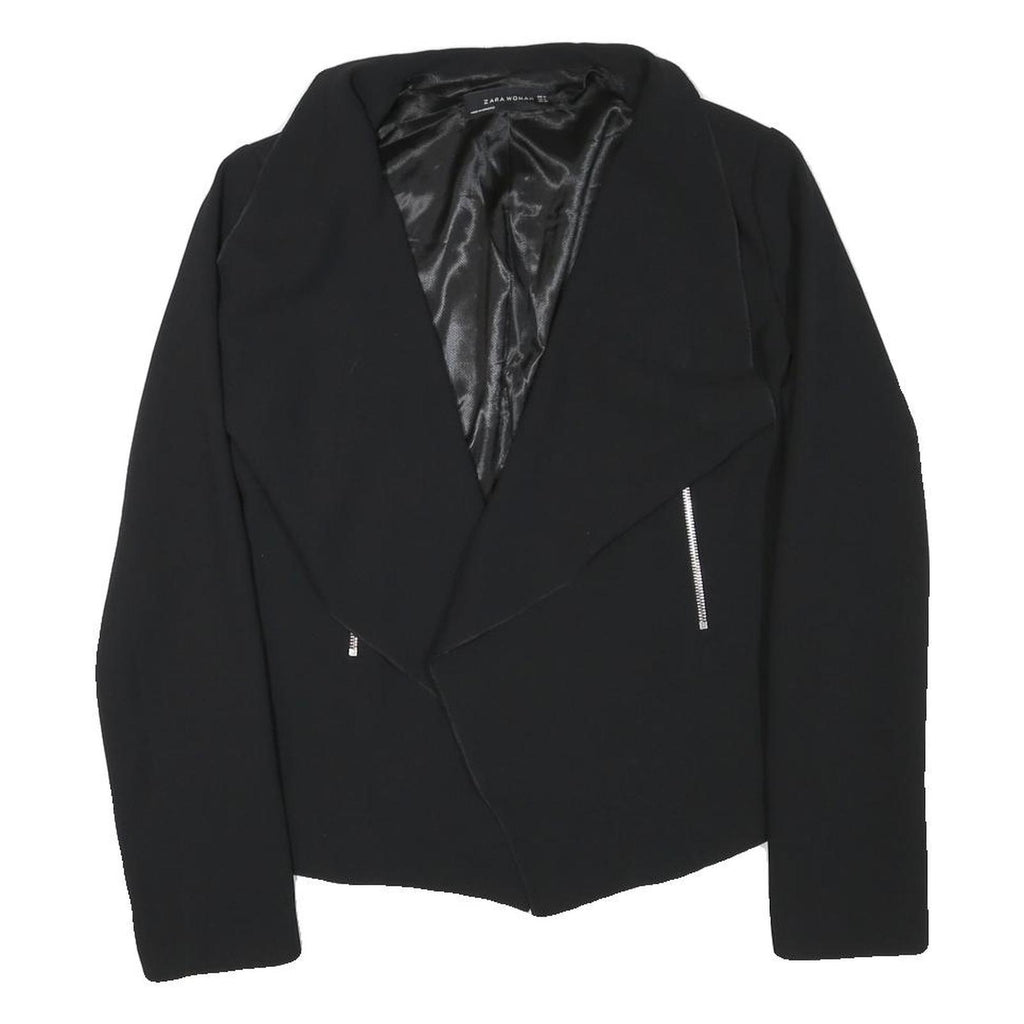 ZARA WOMAN Womens Black Collarless Jacket M Polyester Blend Plain Sleek Tailored