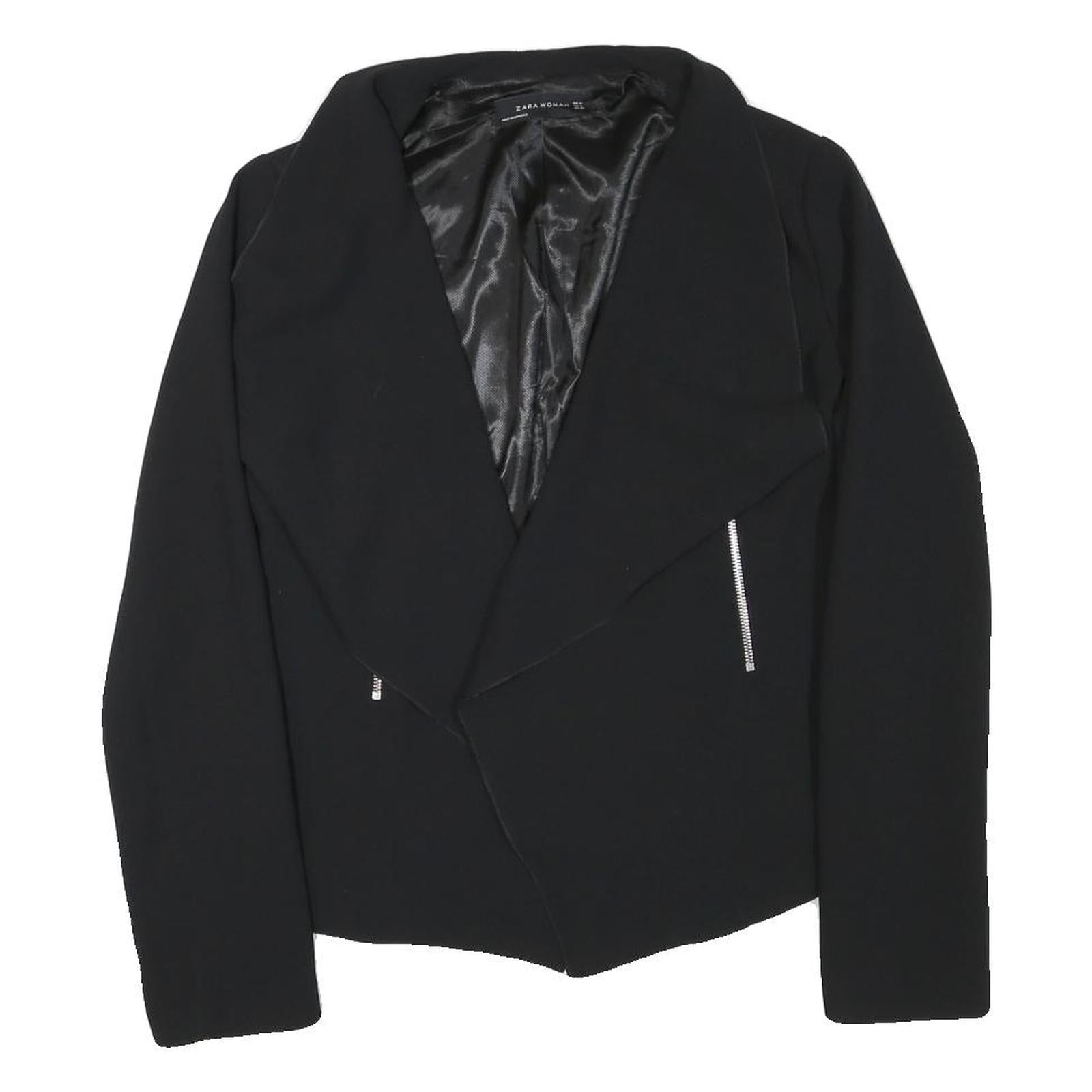 ZARA WOMAN Womens Black Collarless Jacket M Polyester Blend Plain Sleek Tailored