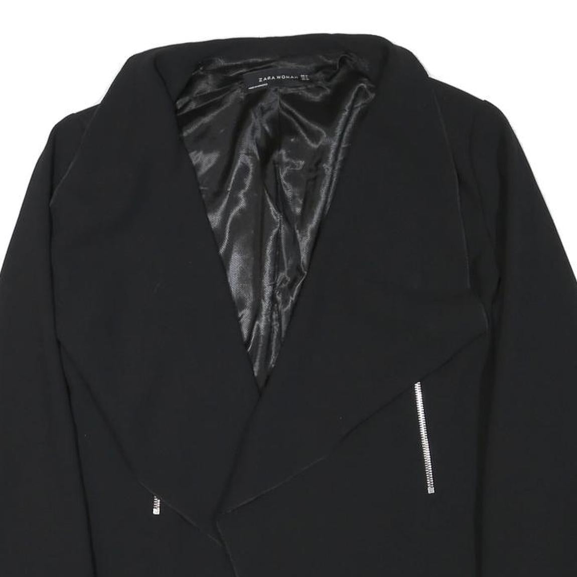 ZARA WOMAN Womens Black Collarless Jacket M Polyester Blend Plain Sleek Tailored