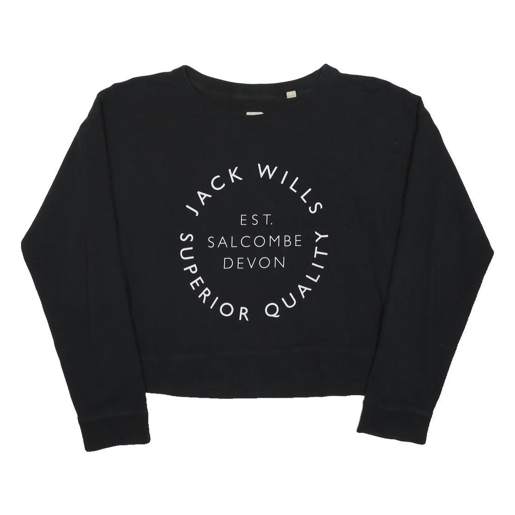 JACK WILLS Womens Black Sweatshirt M Cotton Blend Crew Neck Pullover Logo Print