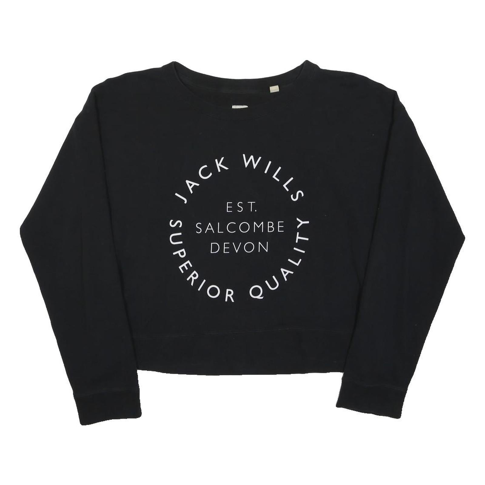 JACK WILLS Womens Black Sweatshirt M Cotton Blend Crew Neck Pullover Logo Print