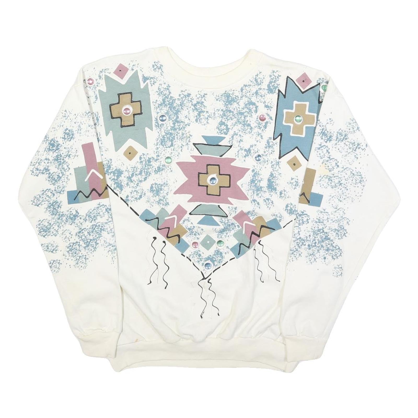 INDIA INK Womens White Geometric Pattern Crew Neck M Cotton Blend Sweatshirt