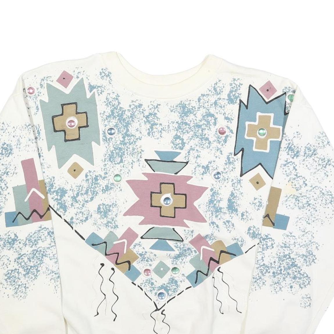 INDIA INK Womens White Geometric Pattern Crew Neck M Cotton Blend Sweatshirt