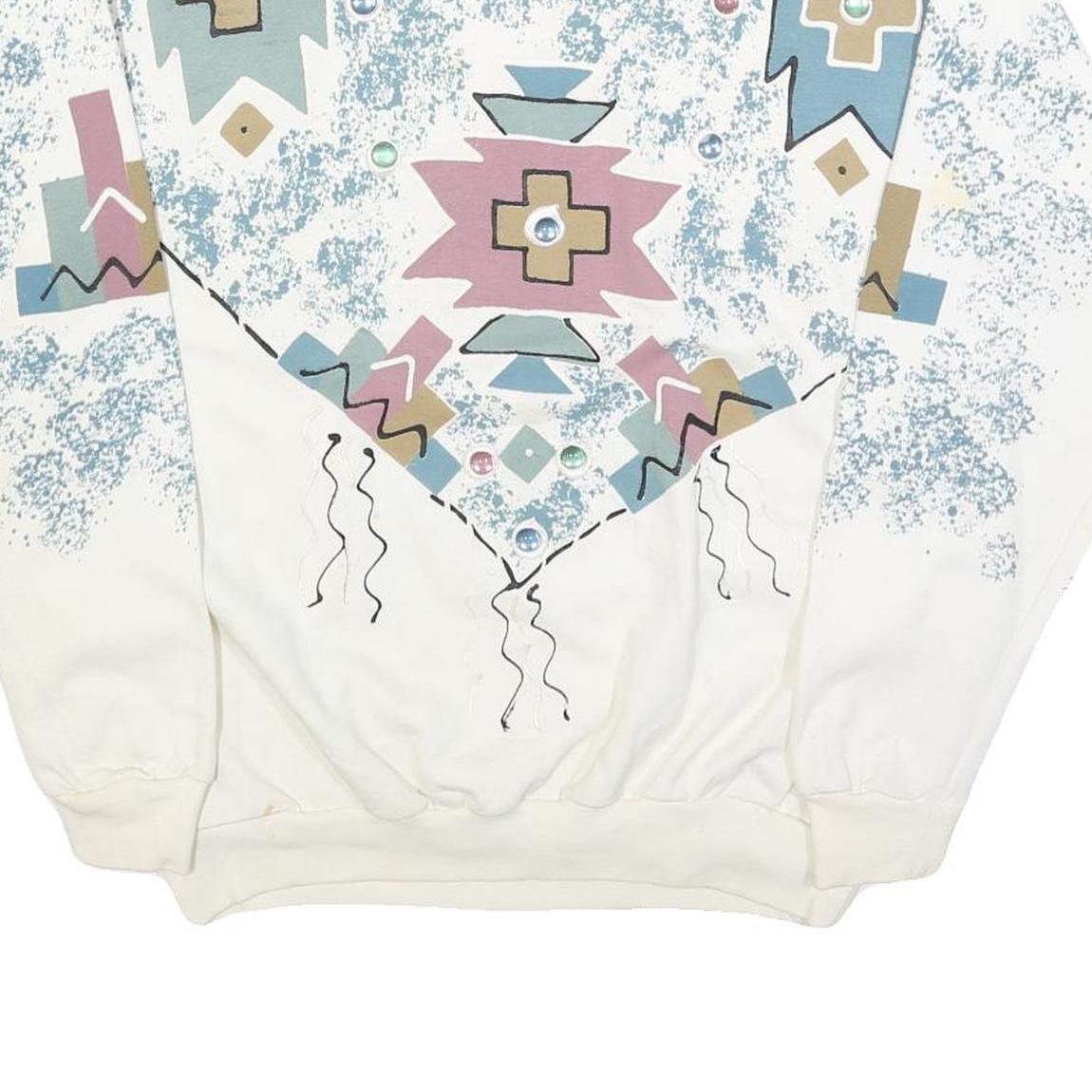 INDIA INK Womens White Geometric Pattern Crew Neck M Cotton Blend Sweatshirt