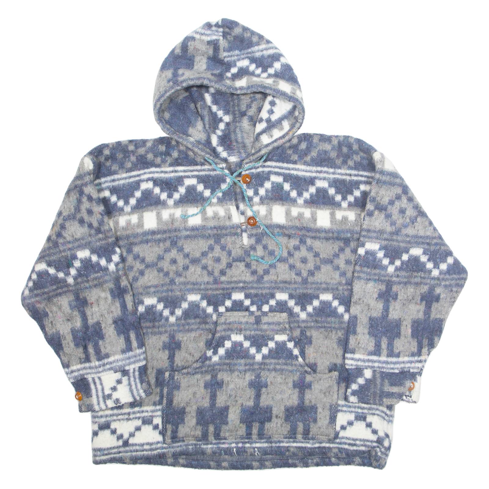 Mens Pullover Jacket Blue Hooded Crazy Pattern L