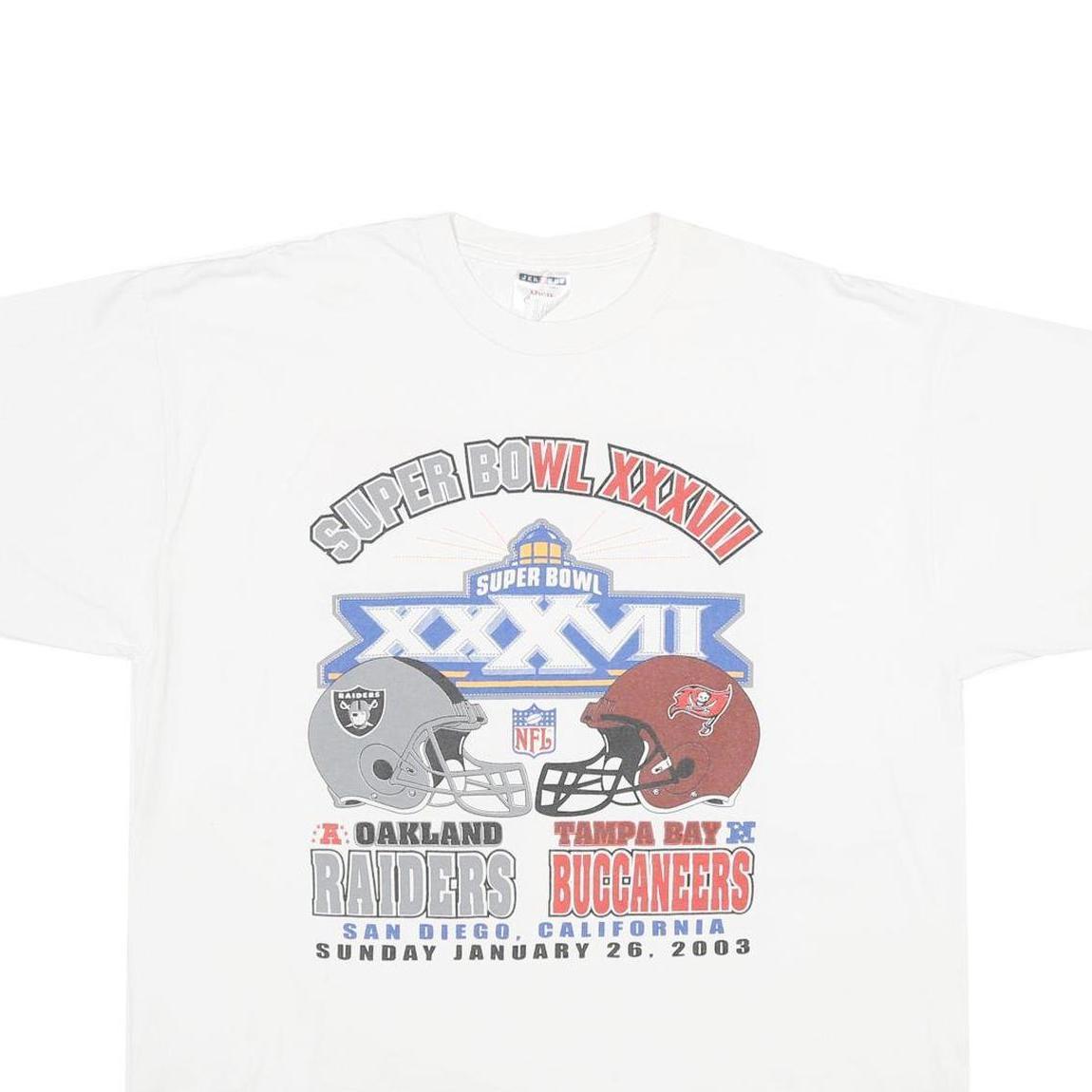 JERZEES Mens White Super Bowl XXXVII Graphic T-Shirt XL Short Sleeve Crew Neck