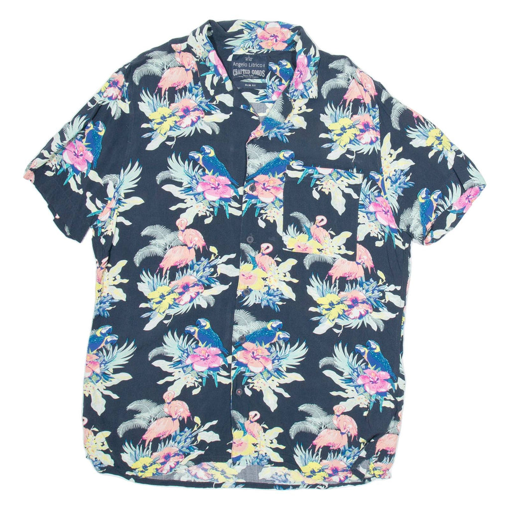 ANGELO LITRICO Mens Hawaiian Shirt Blue Viscose Floral L
