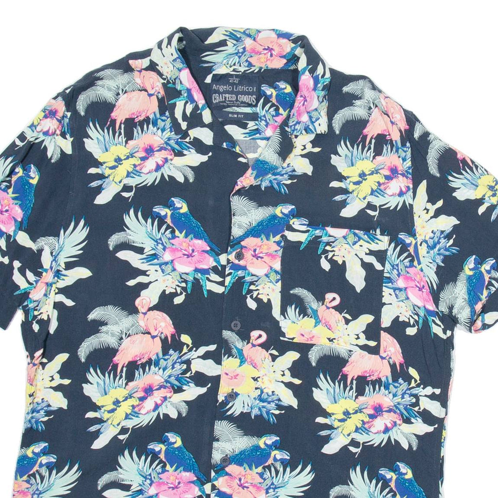 ANGELO LITRICO Mens Hawaiian Shirt Blue Viscose Floral L