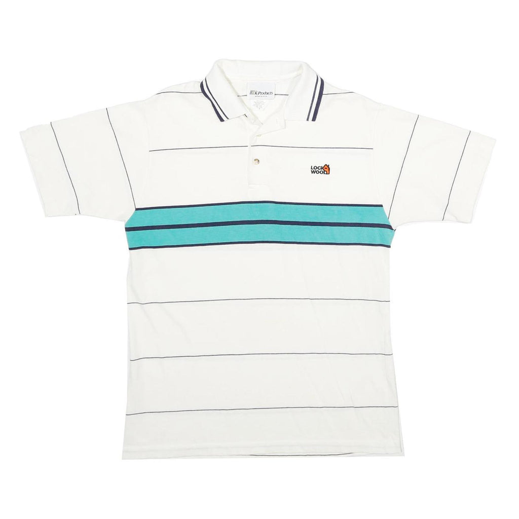 K-PRODUCTS Mens White & Teal Striped Short Sleeve Polo Shirt M Logo Embroidered