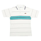 K-PRODUCTS Mens White & Teal Striped Short Sleeve Polo Shirt M Logo Embroidered
