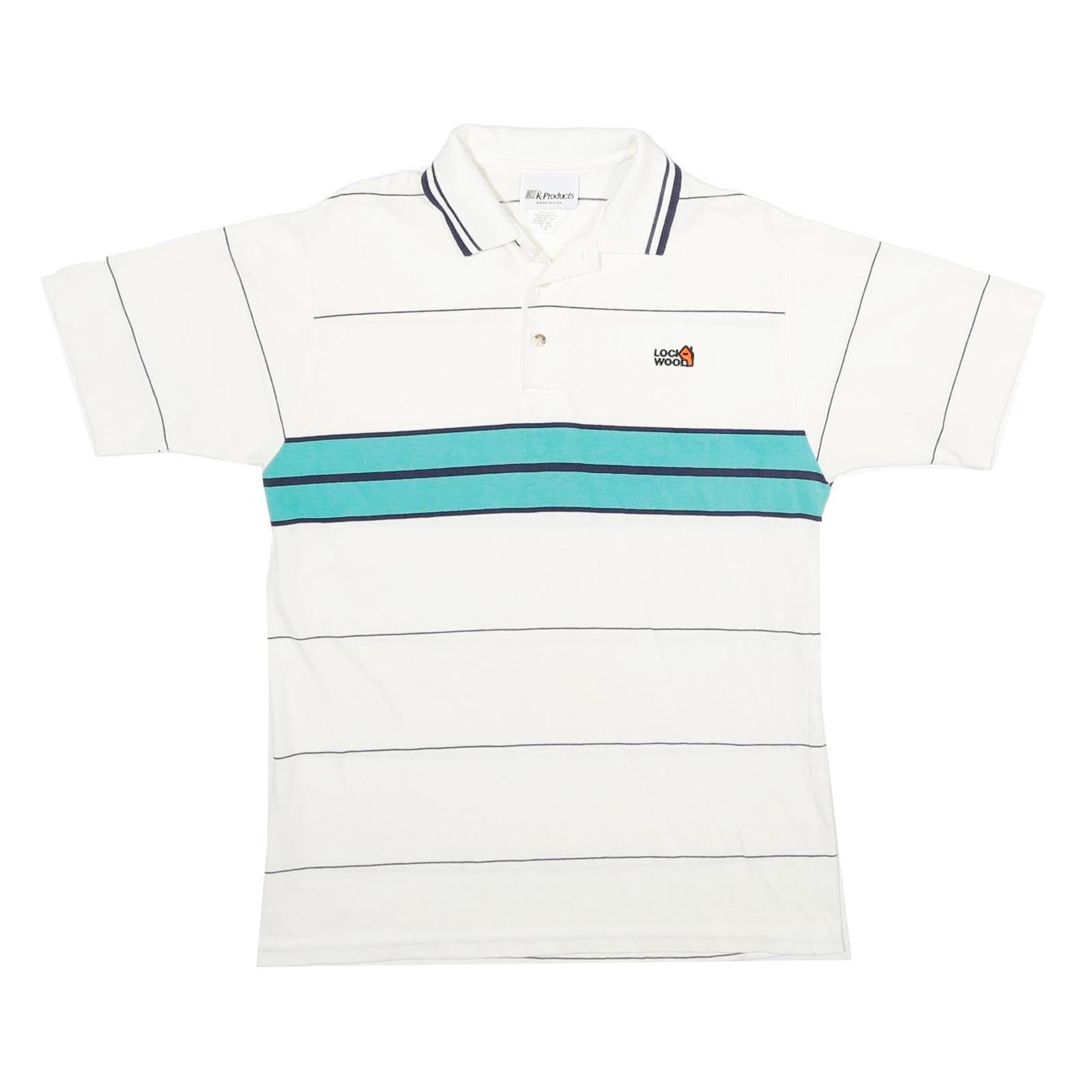 K-PRODUCTS Mens White & Teal Striped Short Sleeve Polo Shirt M Logo Embroidered