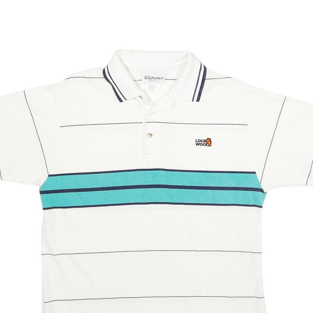 K-PRODUCTS Mens White & Teal Striped Short Sleeve Polo Shirt M Logo Embroidered