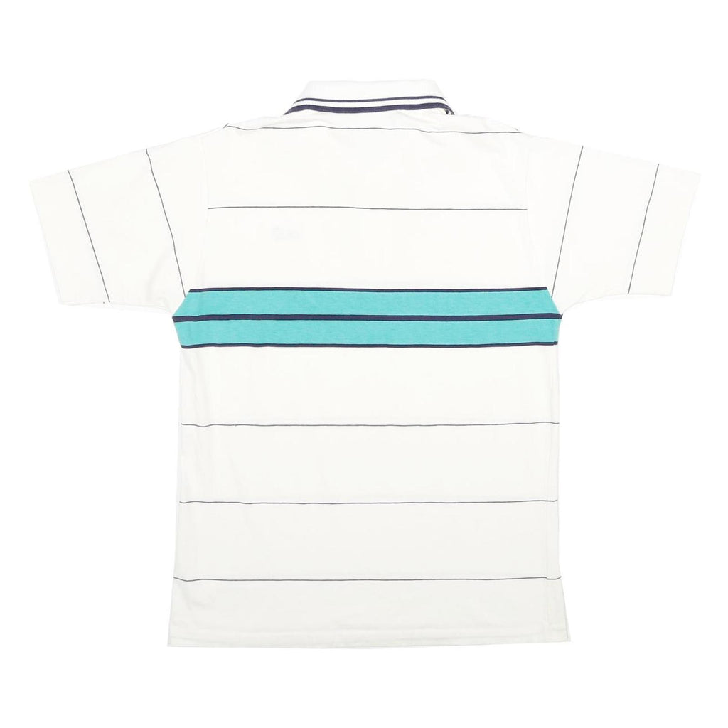 K-PRODUCTS Mens White & Teal Striped Short Sleeve Polo Shirt M Logo Embroidered