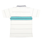 K-PRODUCTS Mens White & Teal Striped Short Sleeve Polo Shirt M Logo Embroidered