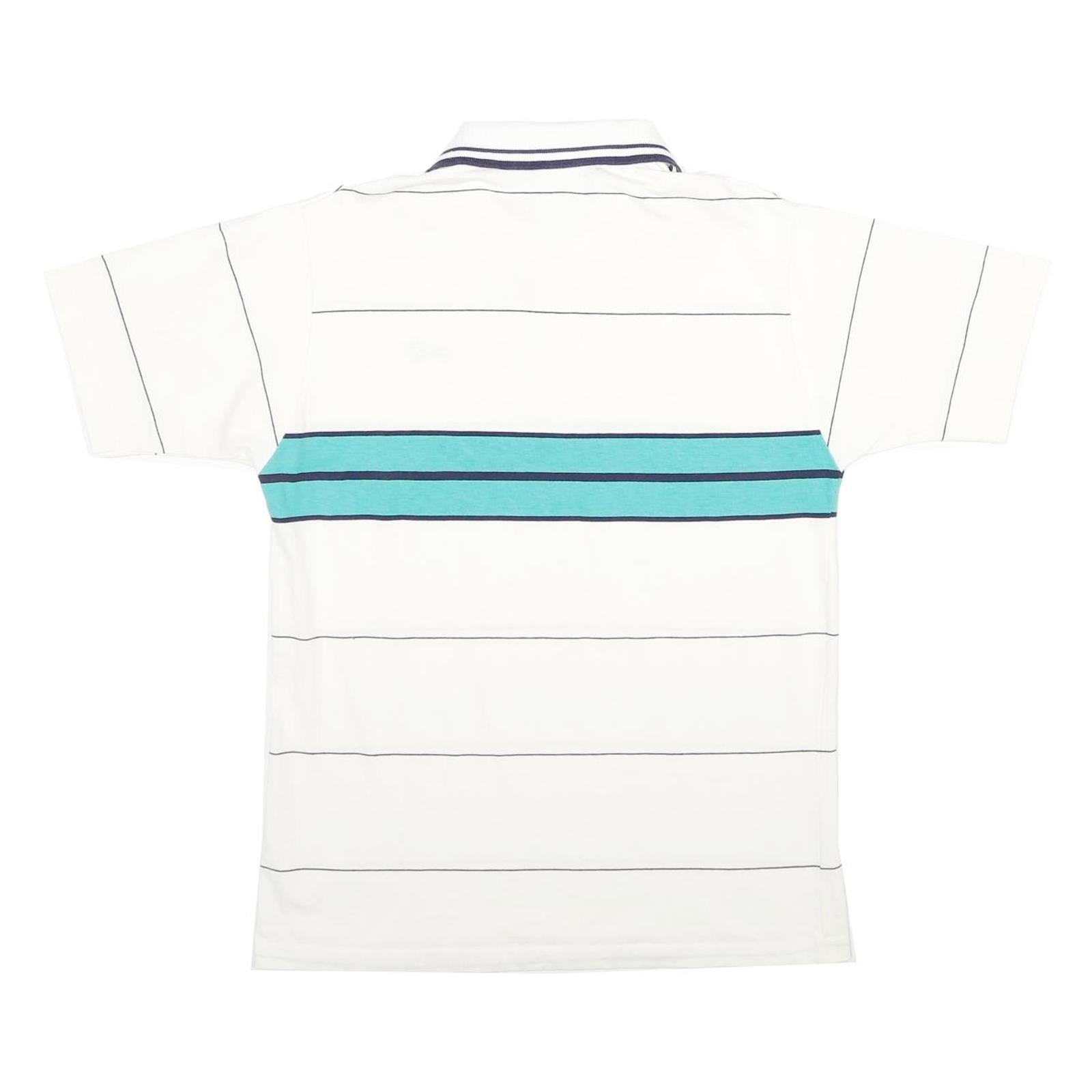 K-PRODUCTS Mens White & Teal Striped Short Sleeve Polo Shirt M Logo Embroidered