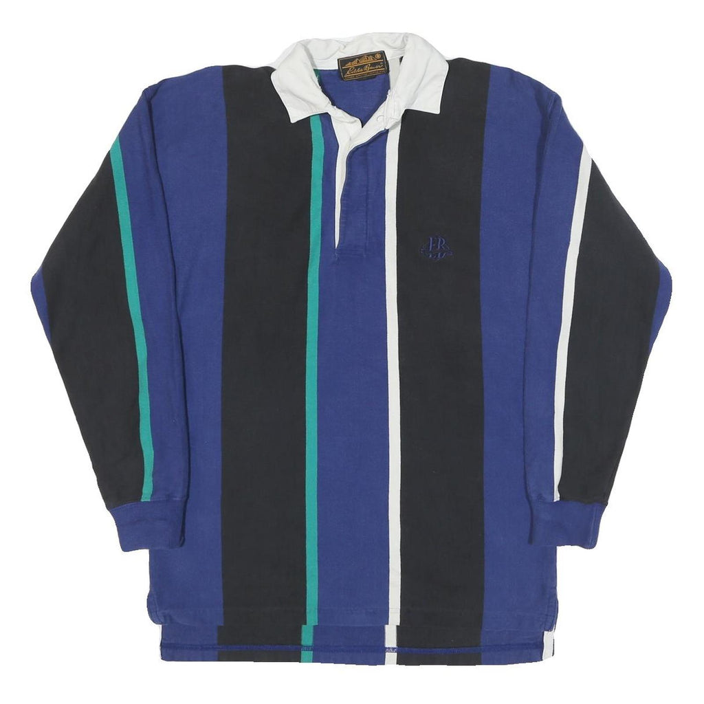 EDDIE BAUER Mens Blue & Black Vertical Stripe Long Sleeve Polo Shirt S Cotton