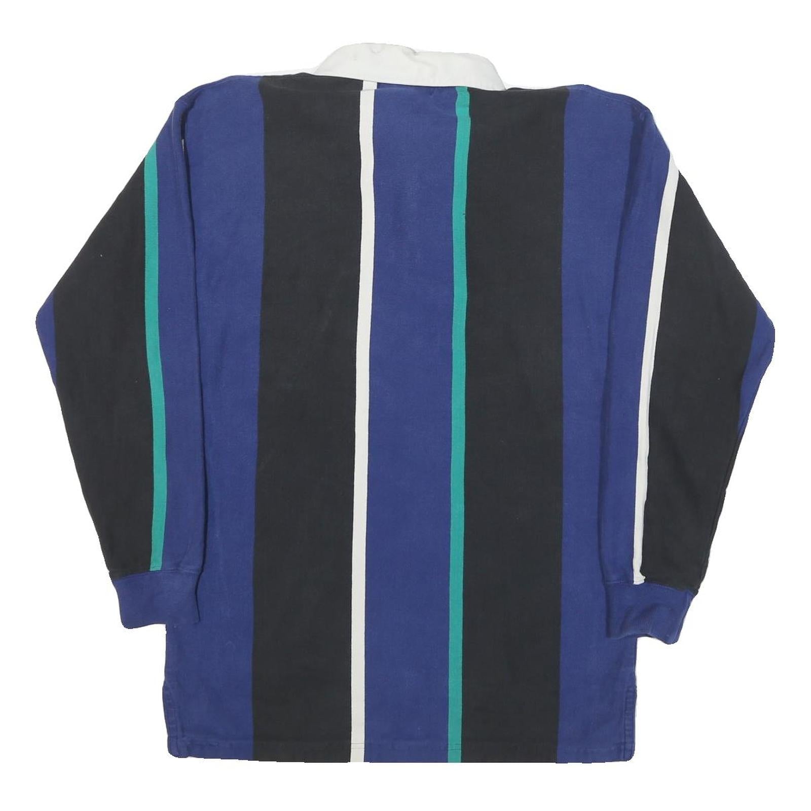 EDDIE BAUER Mens Blue & Black Vertical Stripe Long Sleeve Polo Shirt S Cotton
